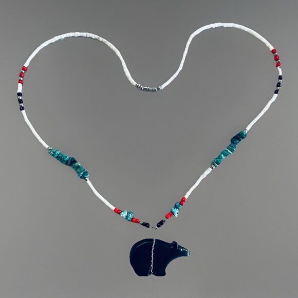 Vintage Shell Heishi Bead Necklace w/ Turquoise Nuggets & Carved Bear Pendant - Picture 1 of 11